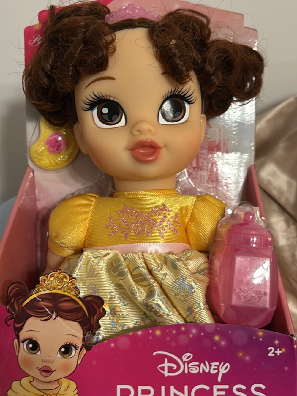 Disney Princess Baby Belle in Yellow Dress with Brown Hair and Pink Bottle
